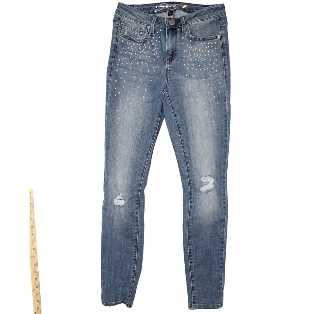 Women's Seven7 Pearl Embellished Mid Rise Skinny Destroyed‎ Jeans Size 4